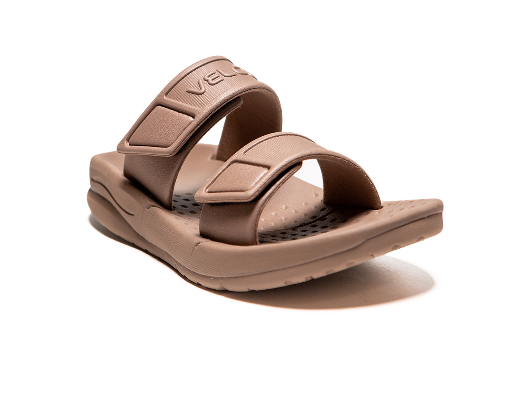 VELOUS Active Two Strap Taupe herstelslipper verstelbare slide op een witte achtergrond.